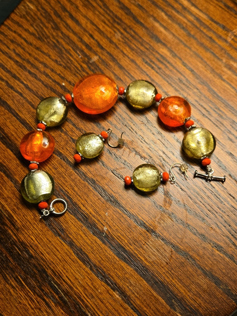 Handcrafted Orange and  Green Gold Glass Bead Bracelet Set